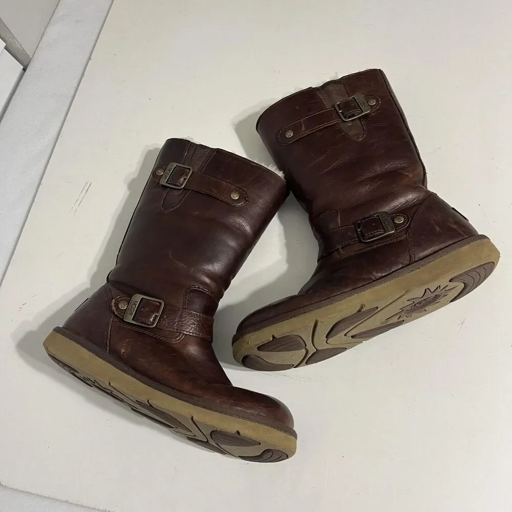 UGG Boots Womens Size 7 Full Grain Leather Shearling Lined Buckle Mid Calf 3325